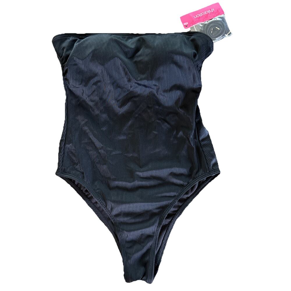 Womens NWT SOLID BLACK 1 PC SWIM SUIT straps/strapless XHILARATION Beach Pool